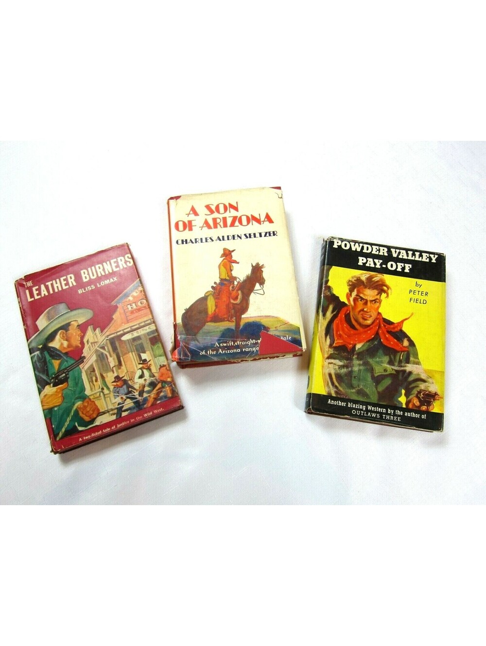 3 Vintage Western Books Leather Burners, A Son of Arizona, Powder Valley Pay-Off